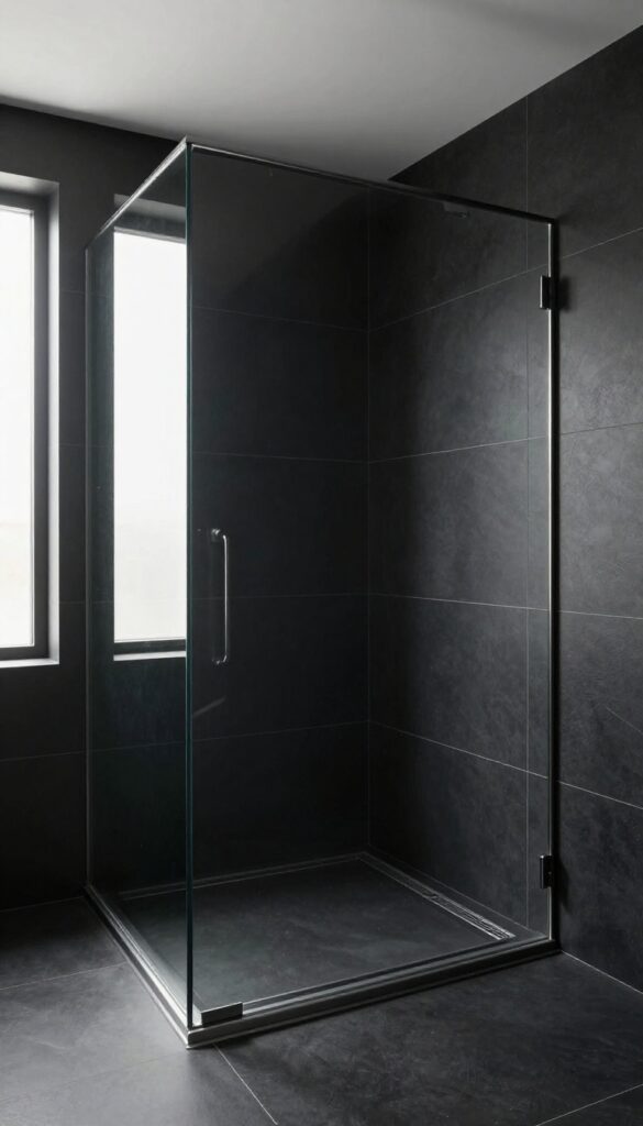 Large-format black slab shower with frameless glass enclosure and linear drain