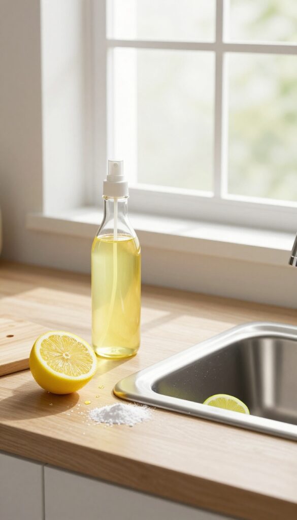 Lemon juice kitchen cleaning supplies on countertop with spray bottle, lemon halves, and stainless steel sink