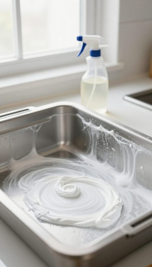 Oven interior coated with baking soda paste, vinegar spray bottle nearby, bright natural light