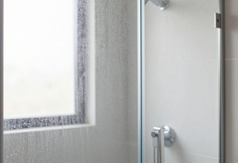 Sparkling clean shower glass door with water droplets
