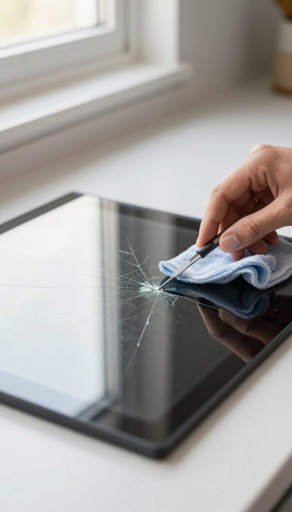 Professional inspecting a cracked and scratched glass stove top with repair tools nearby in a bright kitchen.