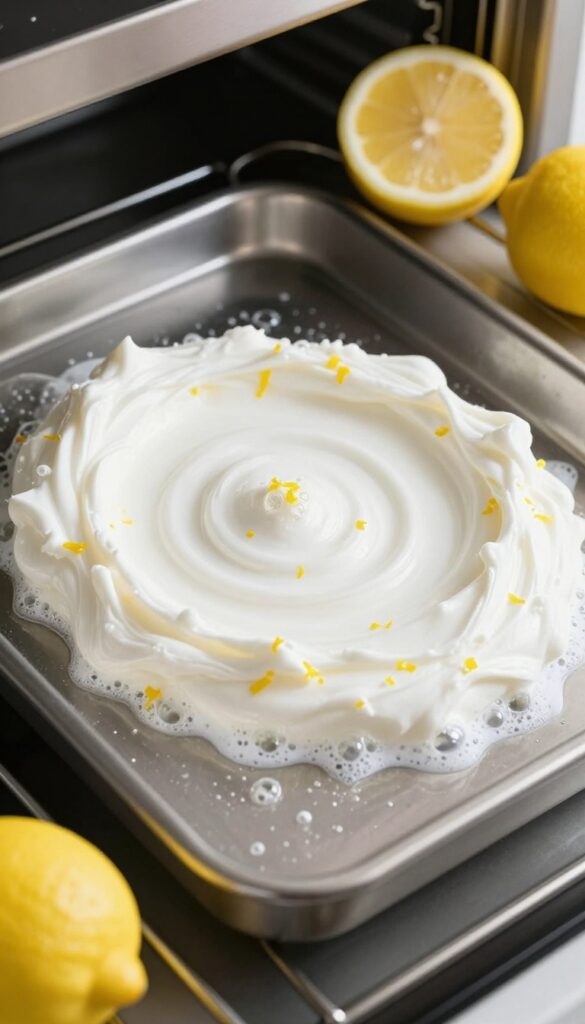 Baking soda and lemon juice paste fizzing inside an oven for natural degreasing