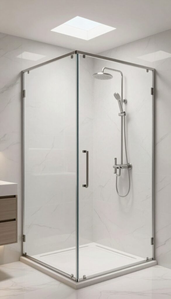 Modern shower with skylight and recessed lighting, bright and airy