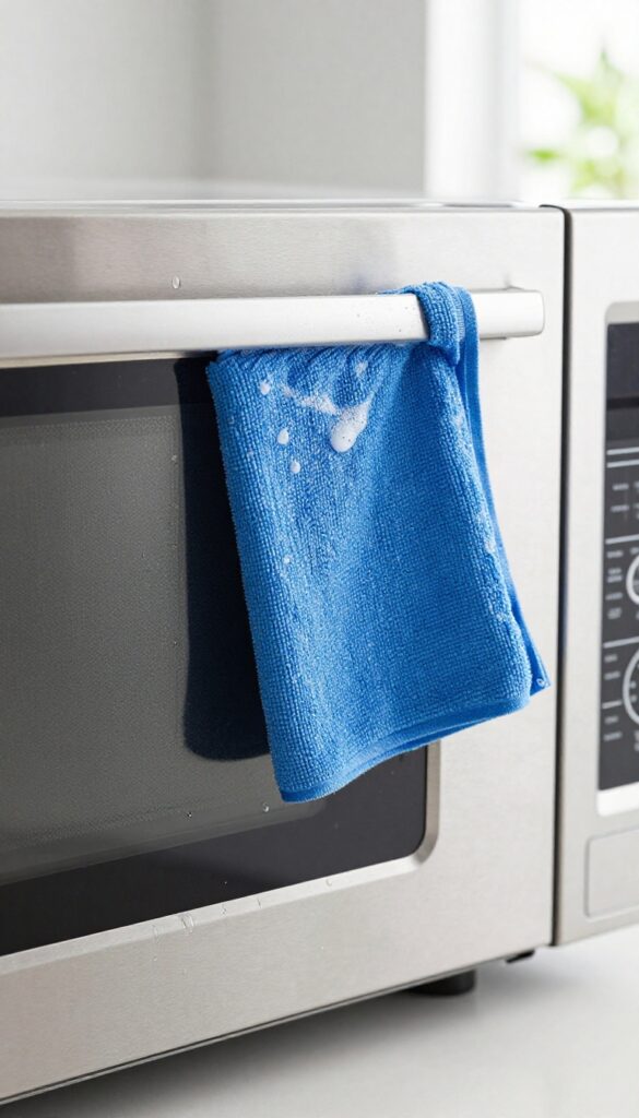 Cleaning microwave exterior with a microfiber cloth and degreaser spray