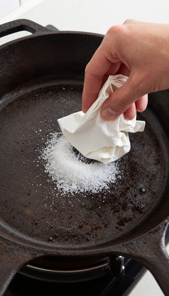 Sprinkling kosher salt on a cast iron skillet for cleaning