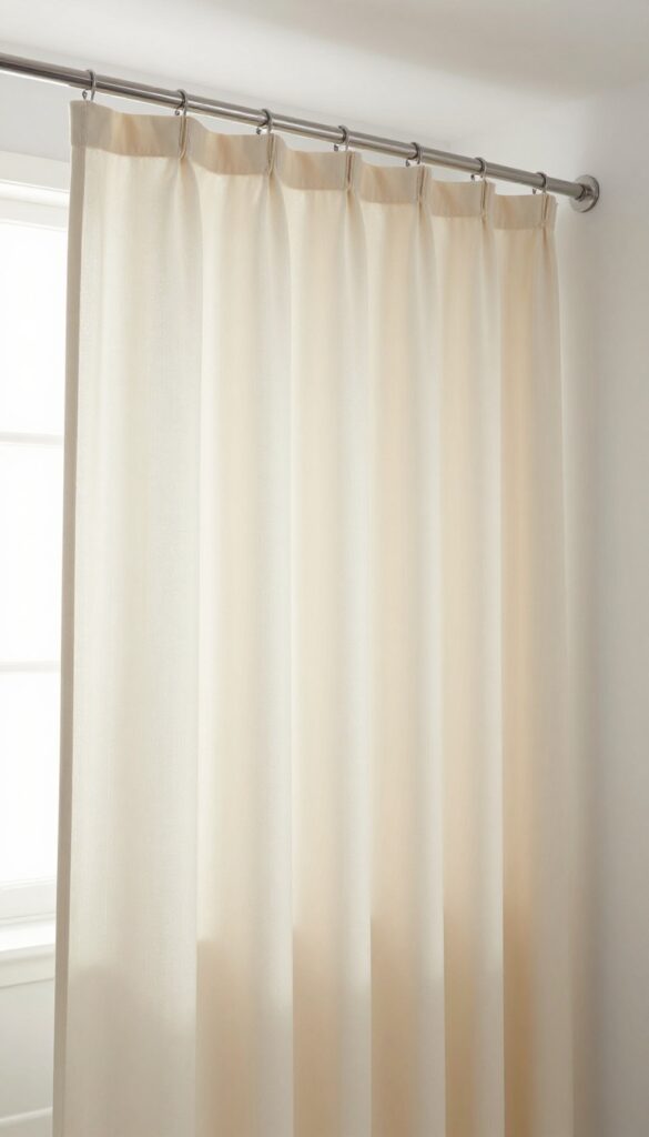 Seamless shower curtain and matching liner in a bright bathroom, creating a taller visual effect