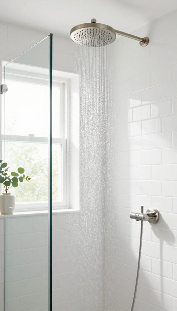 Rainfall showerhead in a bright, modern bathroom with natural light and clean tiles