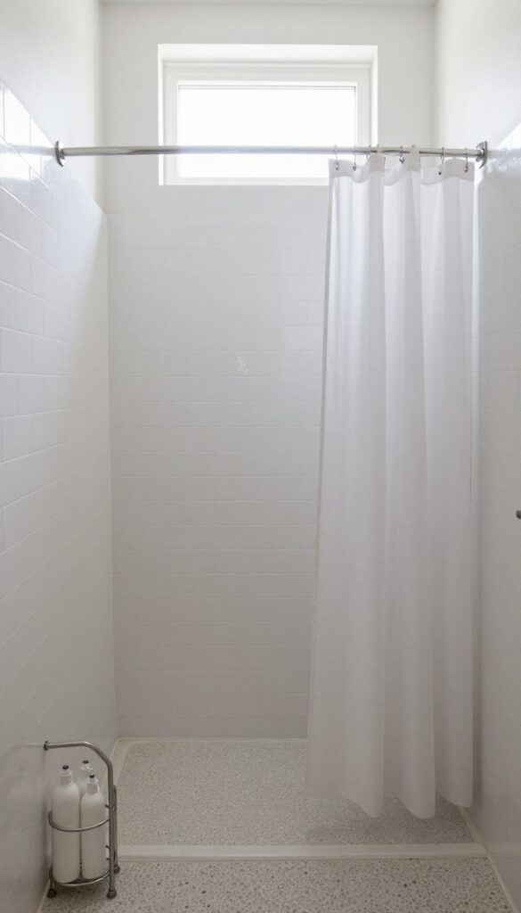 Small bathroom shower with curved rod and white curtain, creating extra elbow room