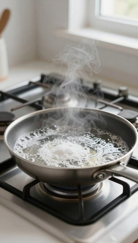 Boiling water with baking soda in a stainless steel pan to remove grease layers