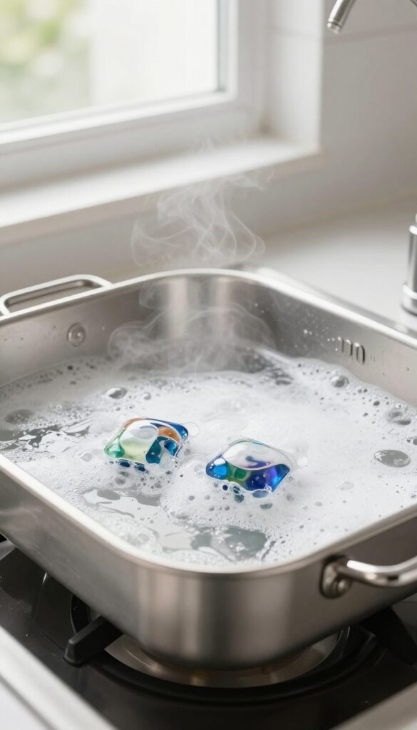 Broiler pan soaking in hot water with dishwasher pods in a kitchen sink