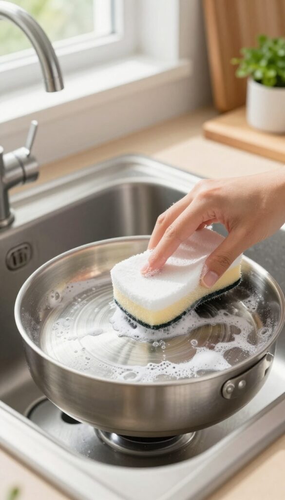 Scrubbing a frying pan bottom with Bar Keepers Friend cleanser in a bright kitchen sink