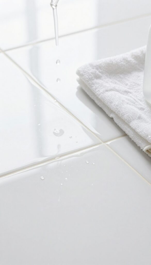 Close-up of rinsing clean tile grout with water spray bottle
