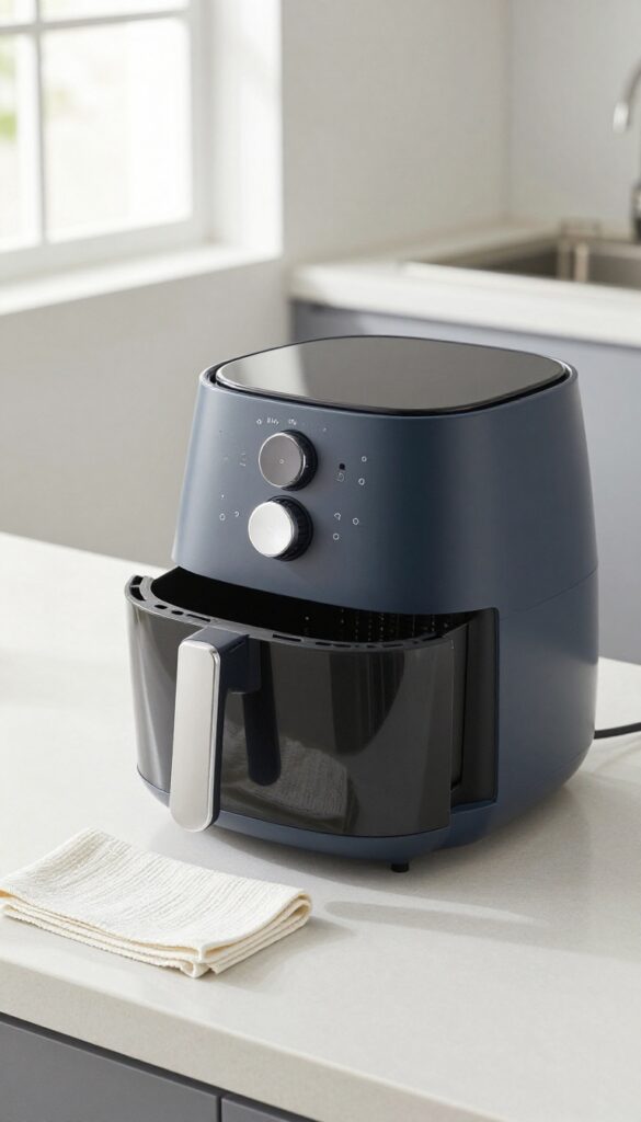 Clean air fryer basket with microfiber cloth on kitchen counter