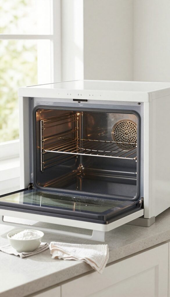 Clean oven interior after self-cleaning cycle with ash residue, racks removed, and cleaning supplies on counter