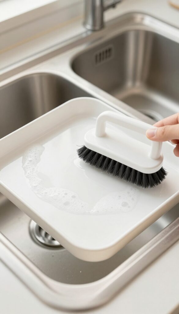 Cleaning a dishwasher utensil tray in the sink with soapy water and a brush