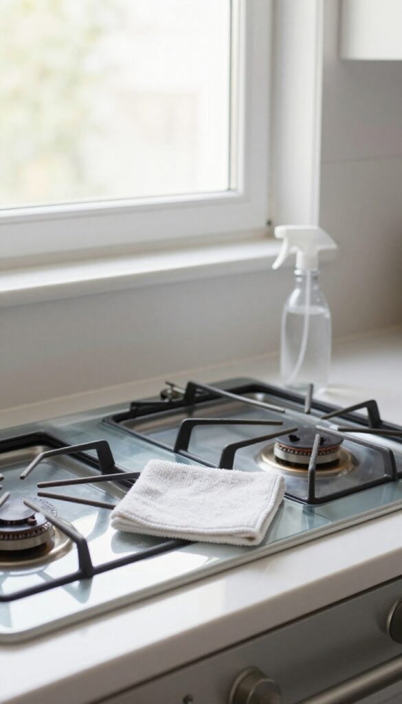 A clean glass stovetop with a microfiber cloth and spray bottle, bathed in natural light, representing daily wipe maintenance.