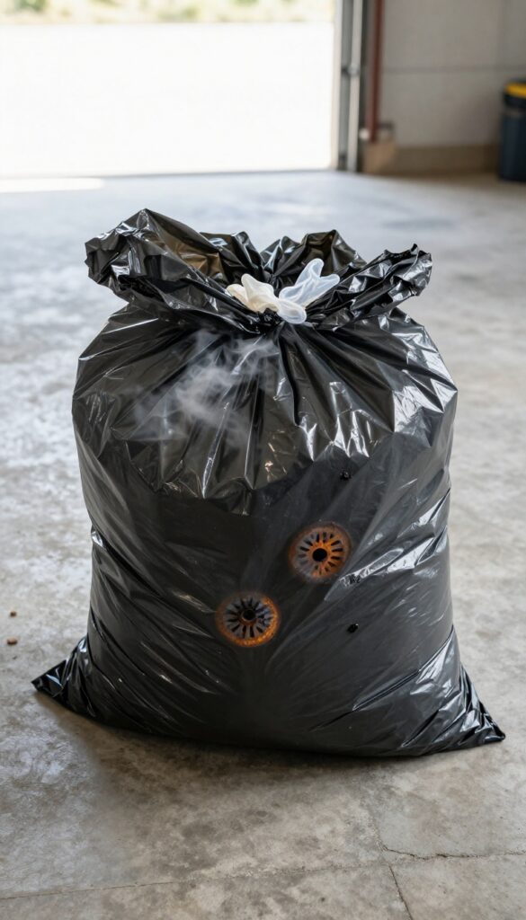Stove grates inside a sealed garbage bag with ammonia fumes for grease removal