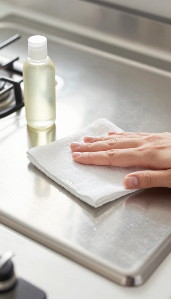 Stainless steel stove top being polished with baby oil and a microfiber cloth, showing a brilliant shine