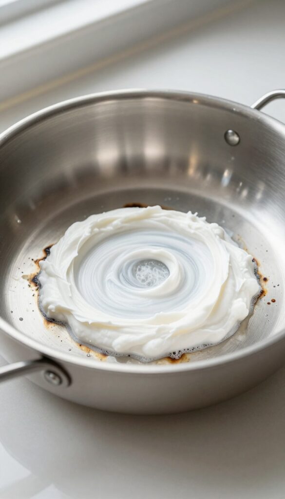 Bar Keepers Friend paste on burnt stainless steel pan with sponge