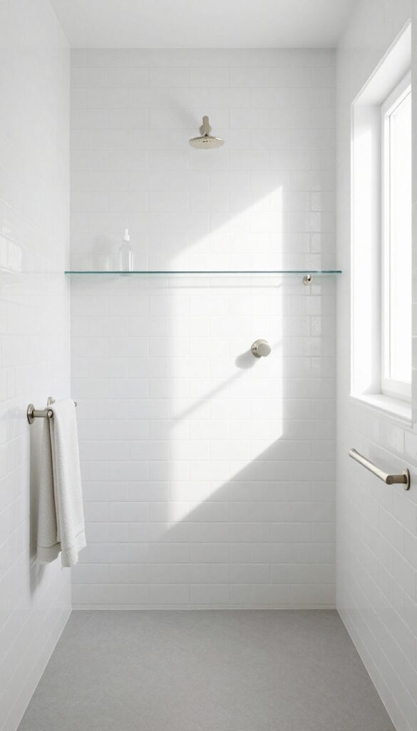 Minimalist small shower room with white subway tiles and brushed nickel fixtures