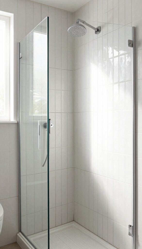 Small shower with vertical herringbone tile pattern in white and dark gray grout, bright natural light, clean and spacious look.