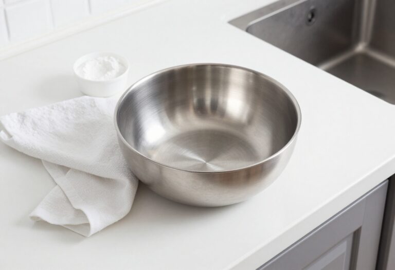 Clean baking sheet with baking soda and cloth on kitchen counter