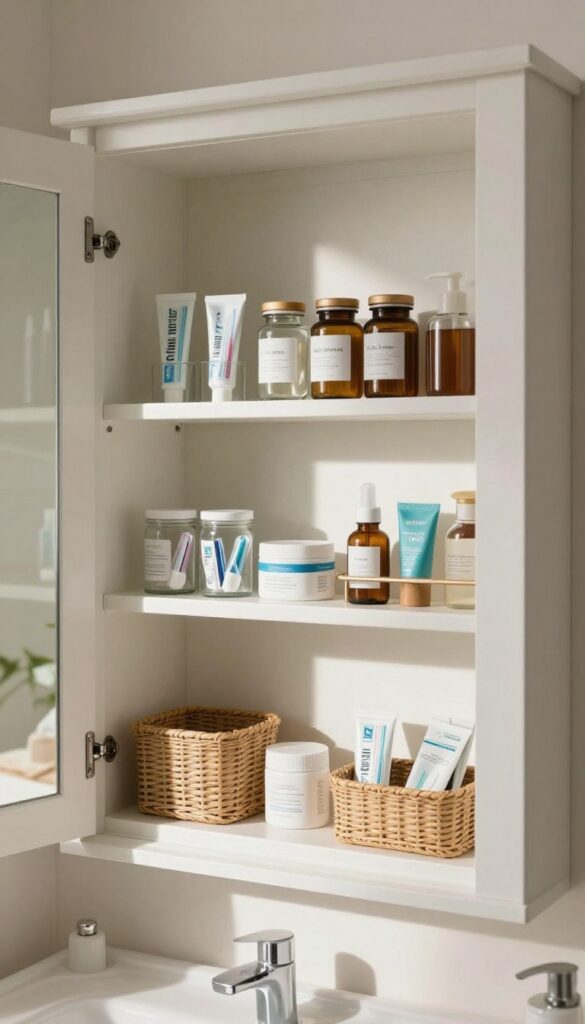 Organized medicine cabinet with toiletries in jars and baskets on clean shelves