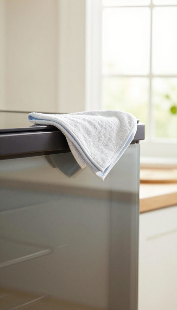 A clean oven door with a microfiber cloth on the handle in a bright kitchen
