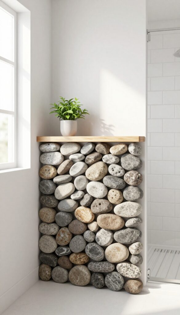 River rock shower partition wall with wooden shelf in a bright bathroom