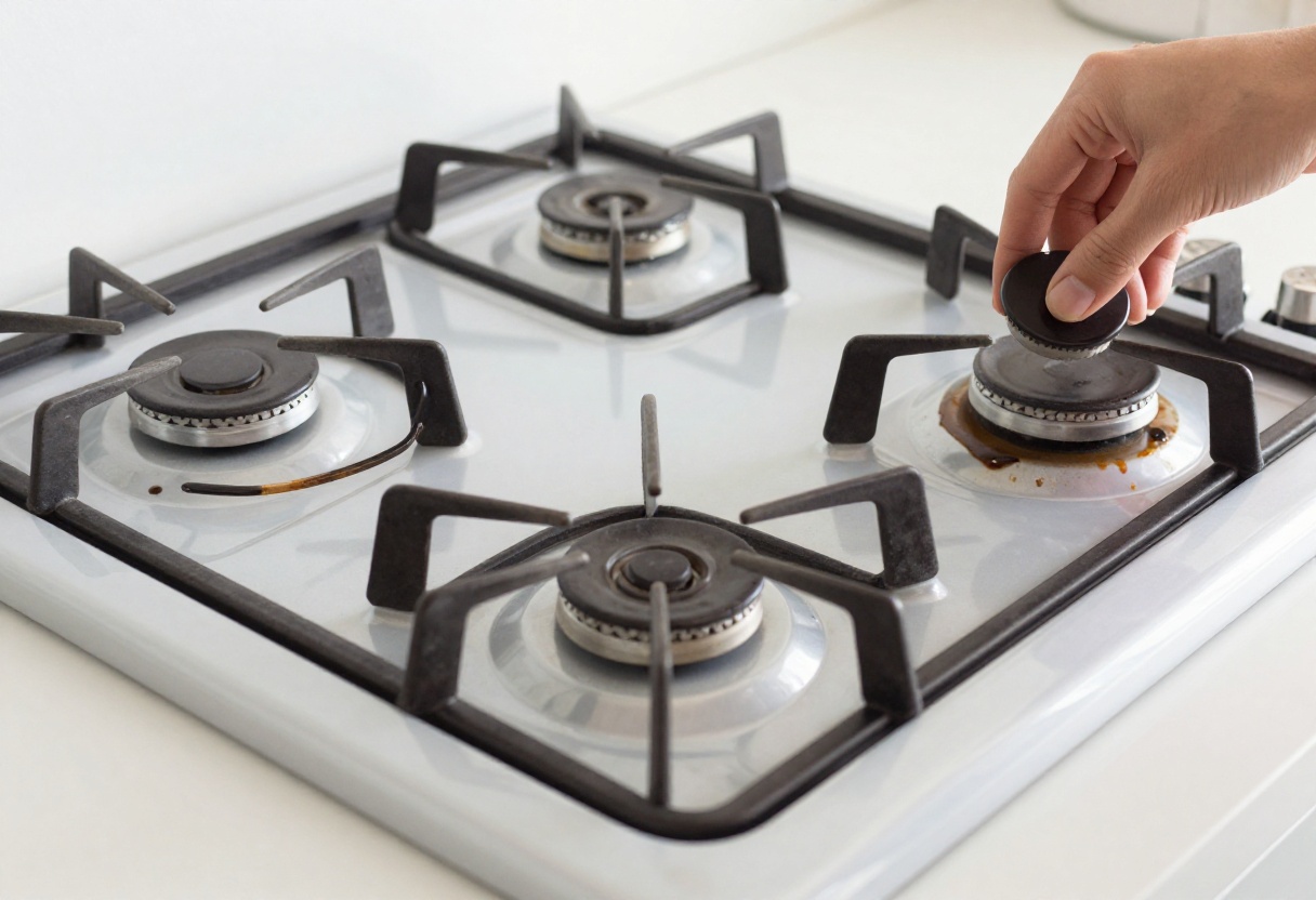 Hand holding a clean stove burner cap next to a greasy burner on a gas stove