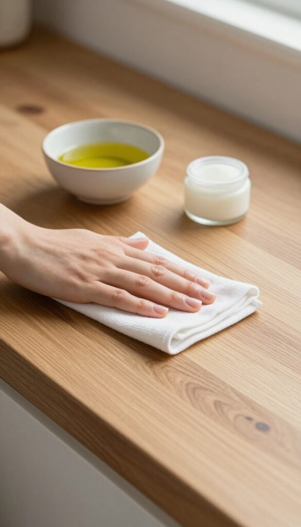 Olive oil and vinegar mixture on a wood countertop with a soft cloth, natural light, clean and glossy finish