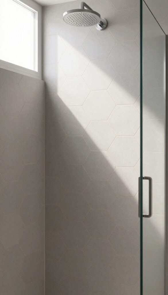 Small shower with matte hexagon tiles in warm gray, subtle light play, clean minimalist design
