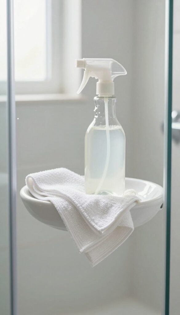 Clean bathroom glass shower door with vinegar and dish soap spray bottle and microfiber cloth