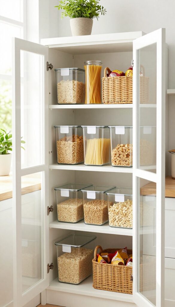Organized pantry with labeled clear bins and baskets on clean shelves in bright natural light