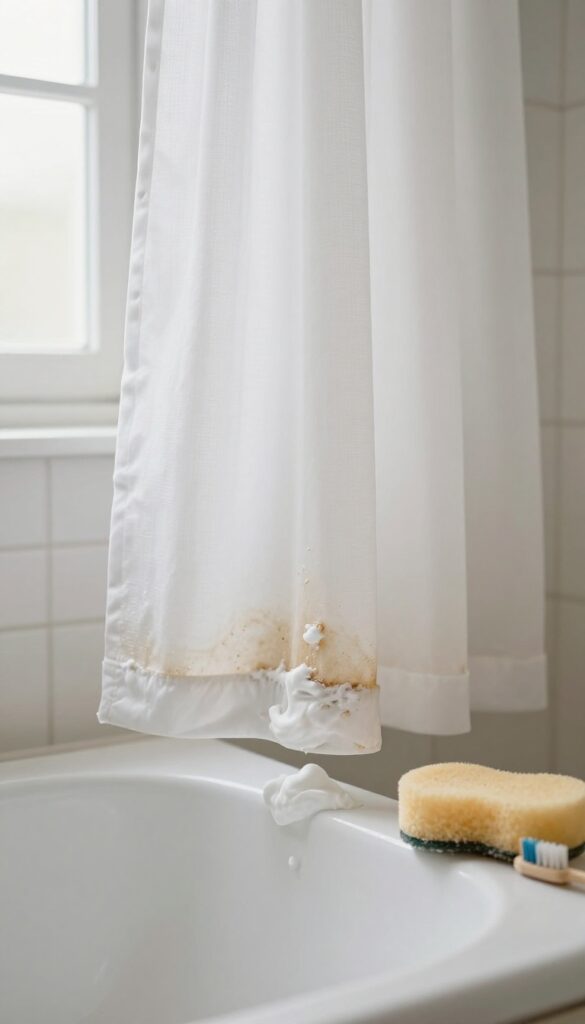 Baking soda paste applied to a stained shower curtain liner with a toothbrush and sponge nearby