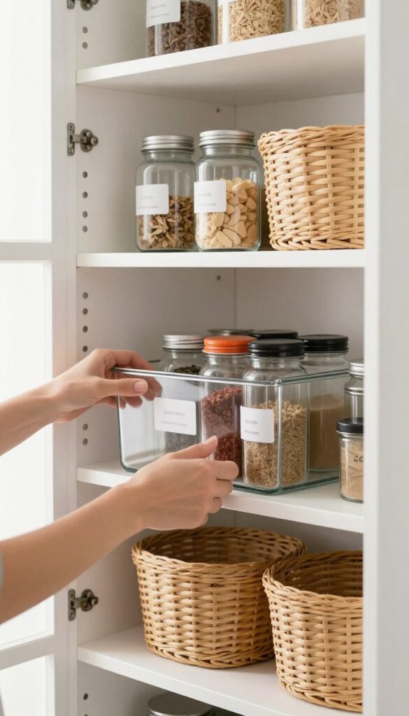 Organized pantry with clear bins and labeled spice jars on open shelves