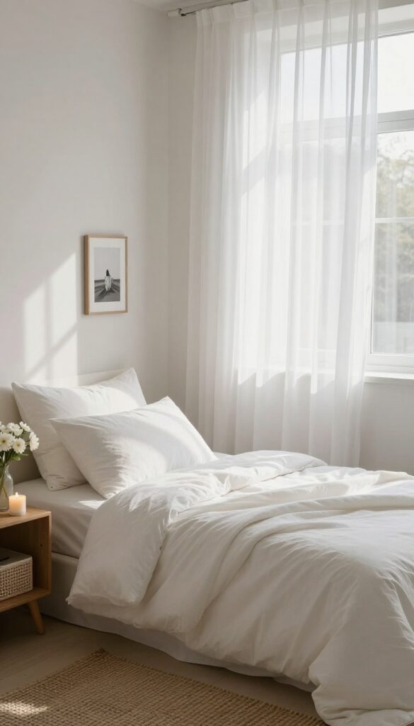 Clean bedroom with fluffed pillows, candle, and fresh flowers, natural light