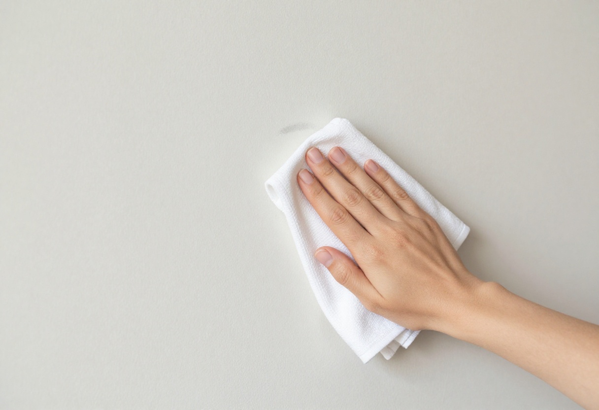 Person cleaning a scuff mark off a painted wall with a cloth