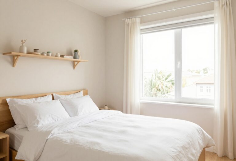 A clean and organized bedroom with a made bed, tidy desk, and no clutter, bathed in natural light.