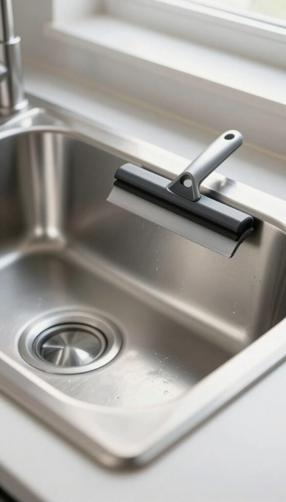 A clean stainless steel sink with a squeegee resting on the edge, reflecting light, no water spots.