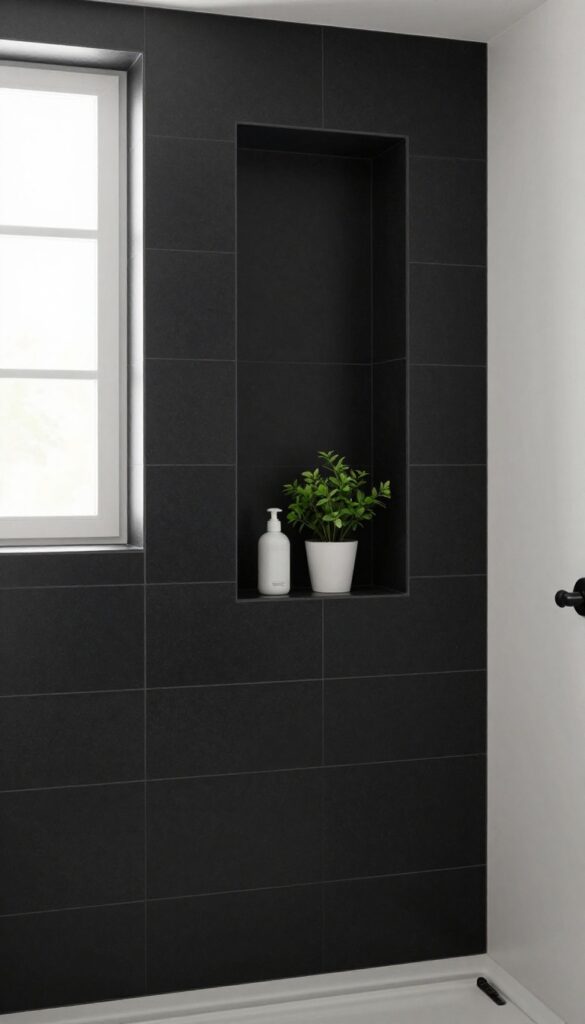 Black tile shower niche with white bottles and a plant