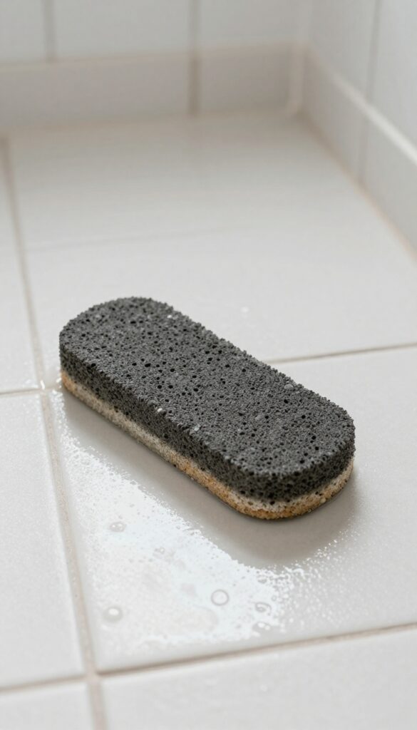 Pumice stone on a wet shower floor with mineral deposit ring