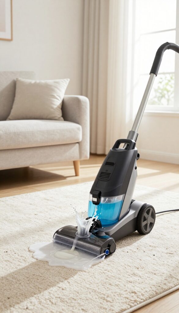Carpet cleaning machine with vinegar rinse in bright living room