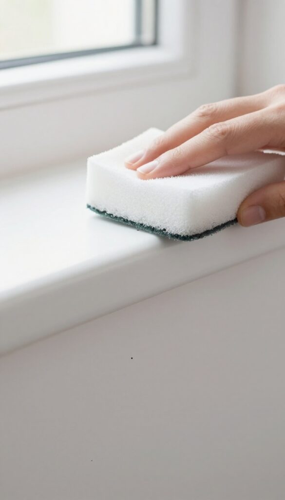 Close-up of a hand using a damp magic eraser sponge to remove a scuff mark from a white baseboard in bright natural light.
