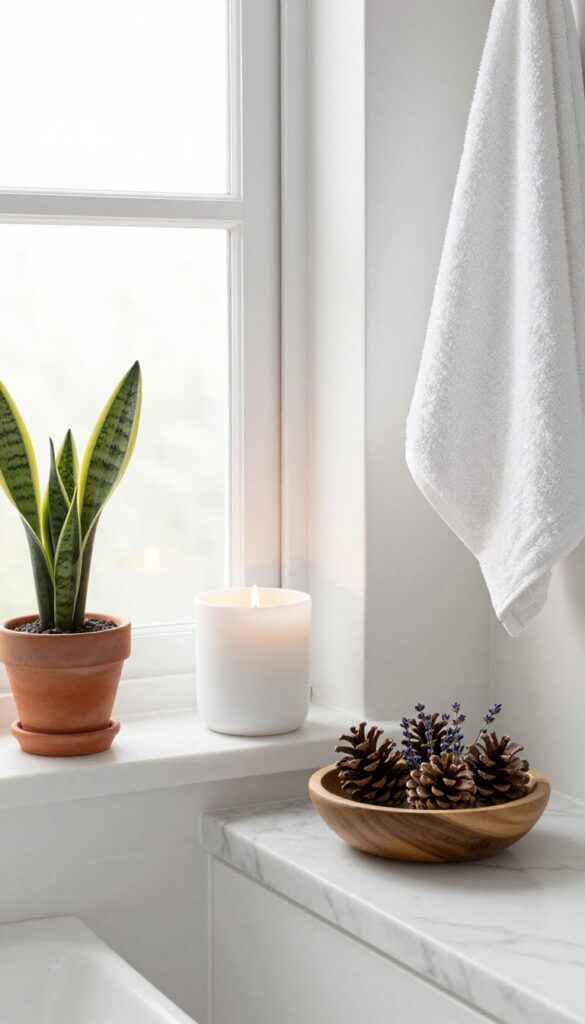 A clean bathroom with a lit candle, a small plant, and a bowl of potpourri on the counter.