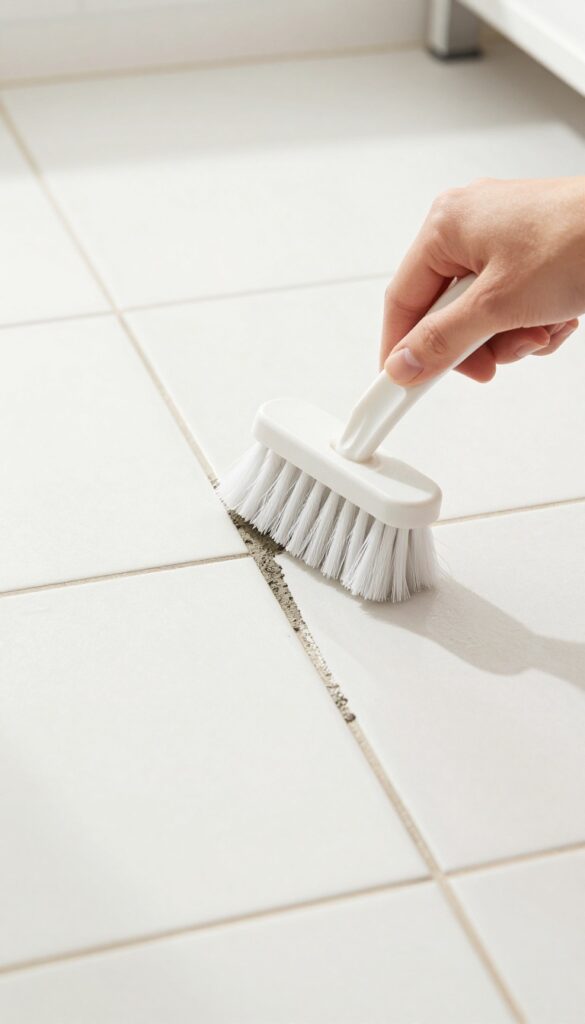 Hand scrubbing grout with a stiff-bristled brush on a tile floor