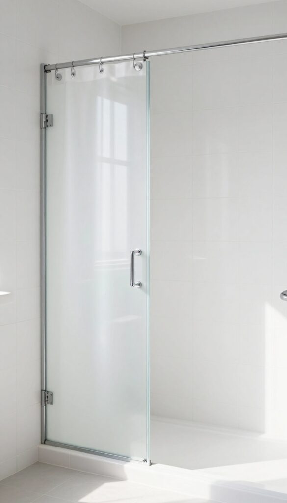 Frosted shower liner hung behind glass door for privacy