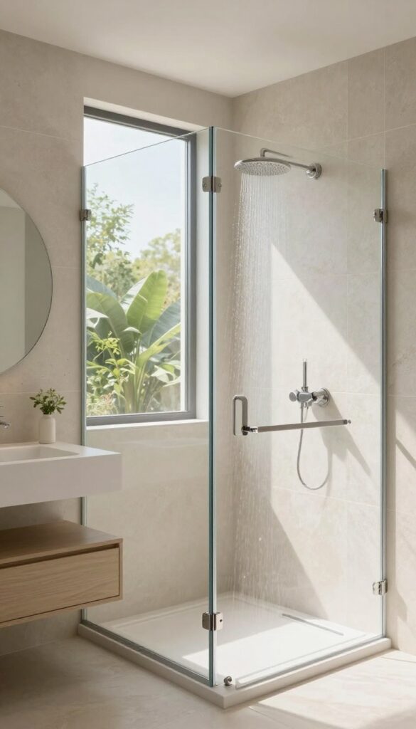 Glass shower with skylight above, bright natural light, modern bathroom