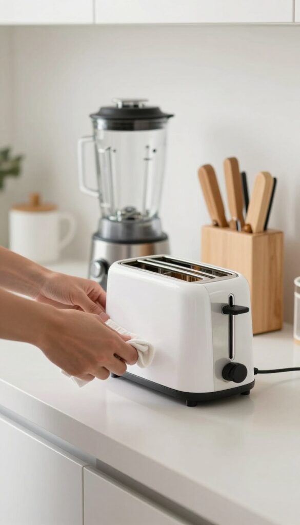 Cleaning small kitchen appliances and utensil holders on a bright countertop