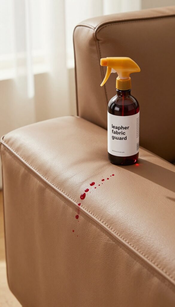 Leather couch with water beading on surface and spray bottle nearby